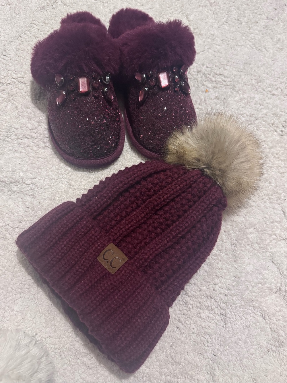 Michael Kors Burgundy Faux-Fur Bejeweled Slippers & CC beanie.